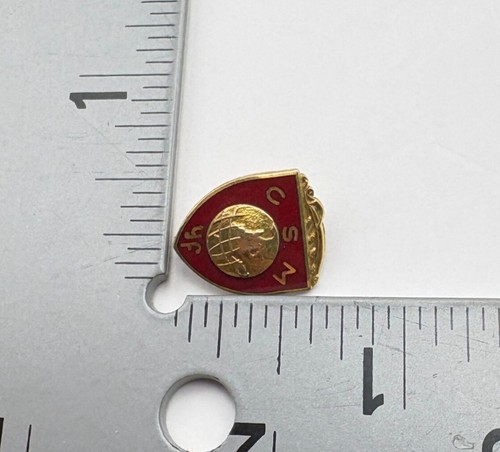 Vintage CSM YF Red & Gold Enamel Shield Lapel Pin With Globe Design - Picture 3 of 6