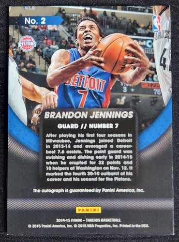2014-2015 Panini Threads Brandon Jennings View Autograph Detroit Pistons  - Bild 2 von 2