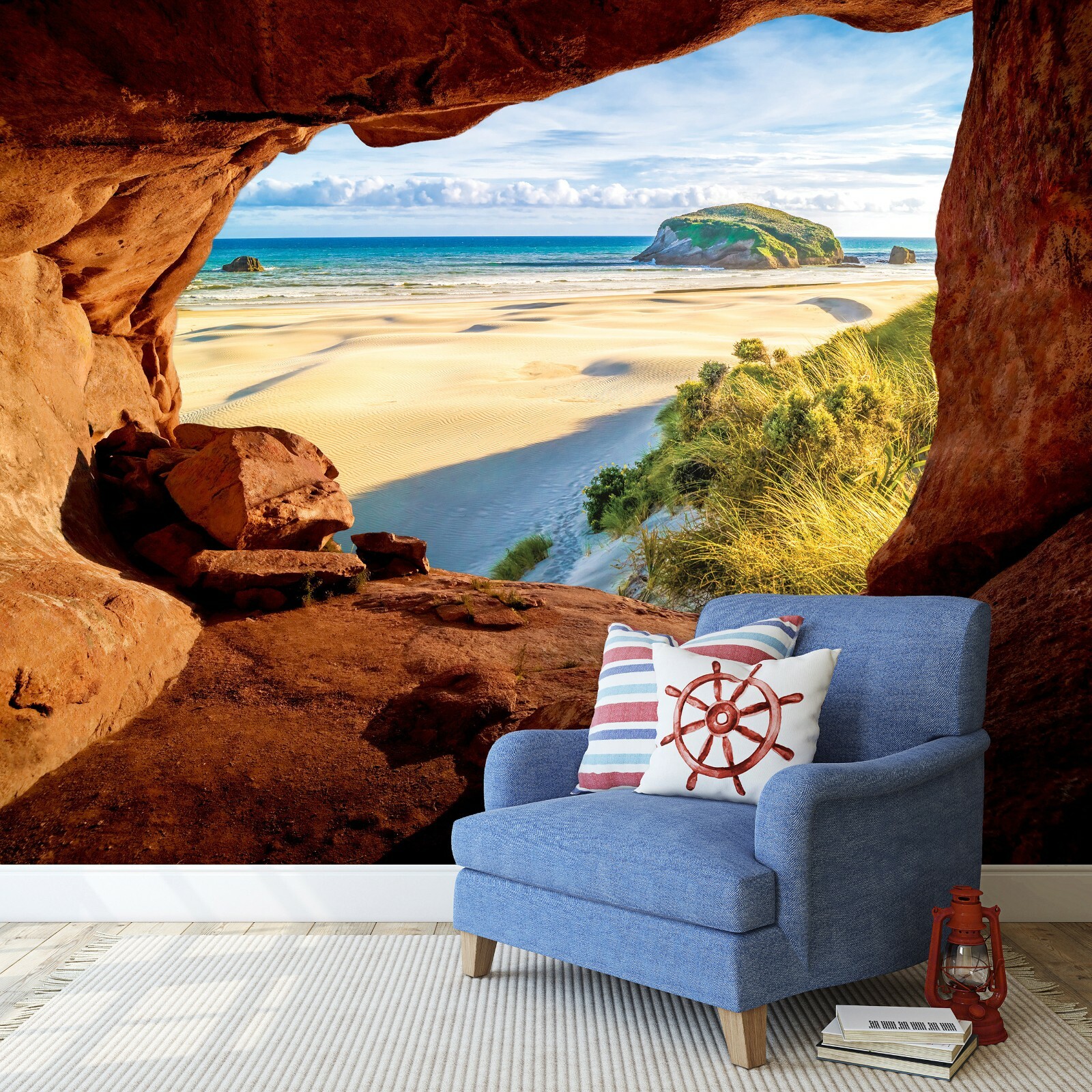 Fototapete Naturerlebnisse 300x210cm - 3D Vliestapete Mit Grün Höhle Wasserfall Motiv