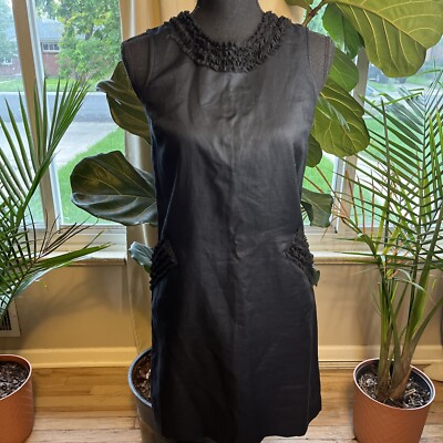 Ann Taylor LOFT Sleeveless Sheath Black Cotton Dress Ruffled Collar Pockets  2P