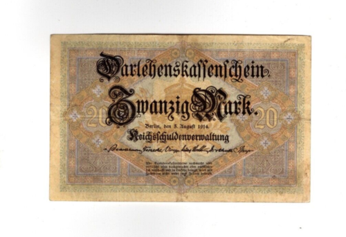 Genuine 20 Mark German empire banknote 1914 world war I fine con rare 6 no !!!! - Foto 1 di 2