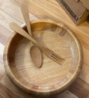 VTG Large 14” Wooden Salad Bowl Round Utensil 3pc Set Unique Wood Grain 1980 EUC — photo 3