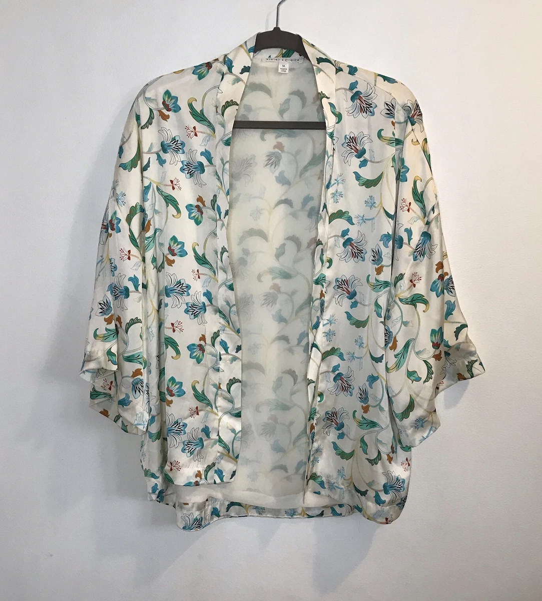 Violet Claire Satin Kimono Cardigan White Blue Floral MEDIUM M