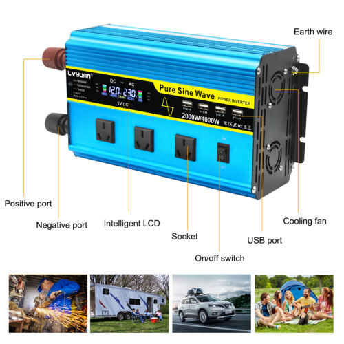 2000W/3000W/4000W Pure Sine Wave Inverter 12V/24V to 240V – 3 AC Outlets + 4 USB - Picture 10 of 65
