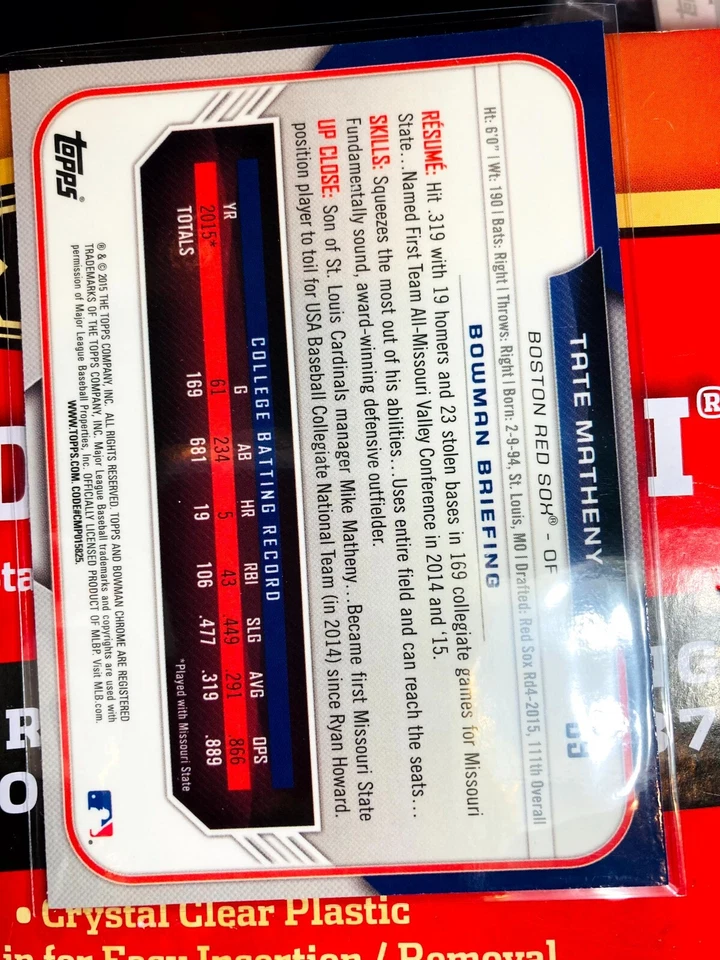 Tate Matheny 1st Rookie Refractor 2015 Bowman Chrome card 89 Red Sox Prospect RC - Image 2 of 2