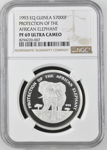 1993 EQUATORIAL GUINEA 7000 Francs Silver 'Wildlife - ELEPHANT' NGC PF 69 UC