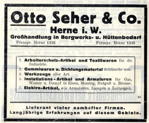 Otto Seher & Co. Herne i.W. Bergwerks- u. Hüttenbedarf Historische Reklame 1925 - Bild 1 von 1