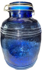 Vintage Uncle Ezras Cracker Barrel Cobalt Blue Glass Cookie Jar 4 Quarts 1966