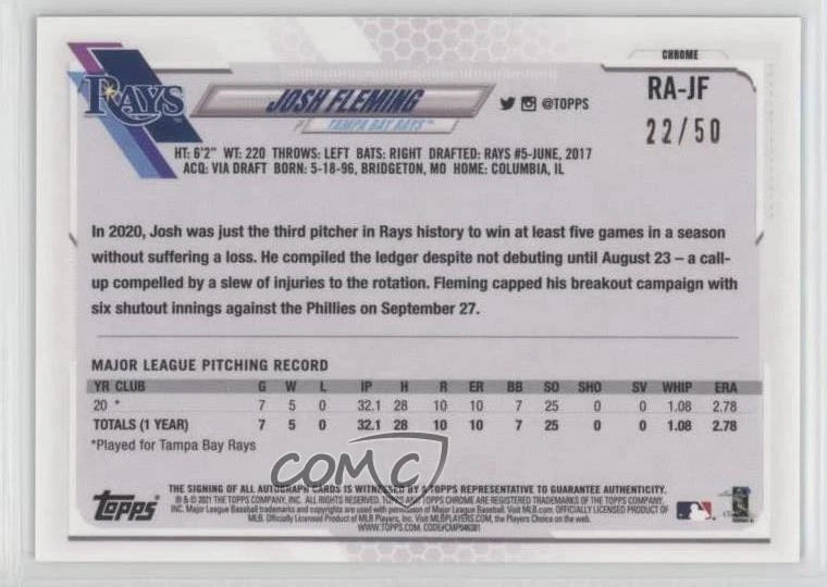 2021 Topps Chrome Rookie Auto Gold Refractor /50 Josh Fleming #RA-JF Auto RC - Image 2 of 2