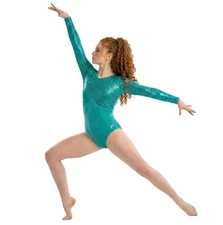 GK Elite VTG Turquoise Holographic Pixelated LS Velvet Keyhole Logo Leotard AS