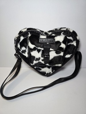 Dr. Martens HEART SHAPED FAUX FUR COW PRINT SHOULDER BAG Black White 