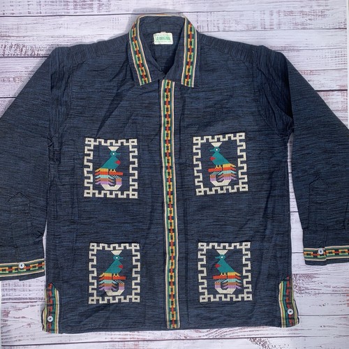 Vintage guatemaltekisches handgewebtes besticktes Azteken Quetzal Vogel Hemd Volkskunst
