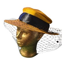 Vtg Womens Ladies Church Hat Straw With Netting Yellow And Black Burgundy Trim