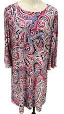 Tommy Hilfiger Paisley A-Line Dress Bell Sleeves Pink & Blue Stretch Women's 14W