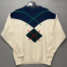 Nautica Sweater Mens XL White Blue Geometric Knit Crewneck Long Sleeve Vintage