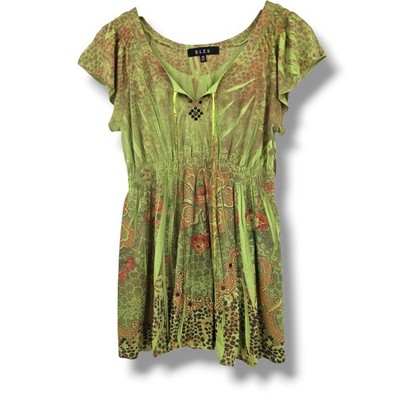 B.L.E.U. Green Floral Paisley Print Top Womens Size Medium Short Sleeve Y2k
