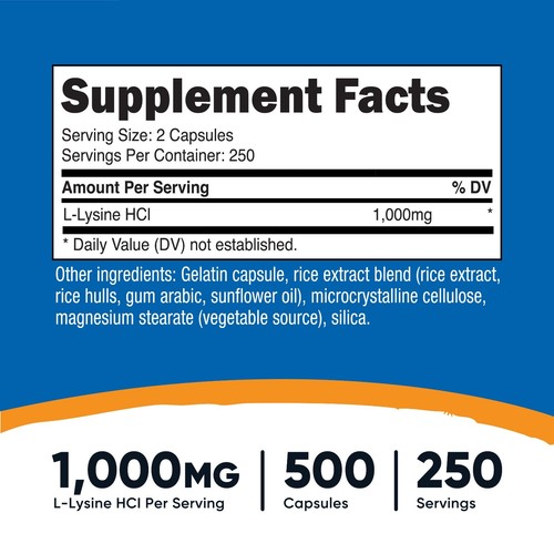 Nutricost L-Lysine 1000mg, 500 Capsules - Gluten Free, Non-GMO, 500mg Per Cap - 第 2/5 張圖片