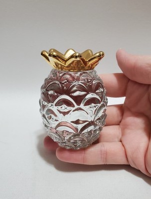 Clear Crystal Art Glass Pineapple Paperweight, Gold Top, 3'' Tall, Decorative 