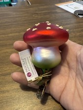 INGE GLAS RED WHITE MUSHROOM GERMAN BLOWN GLASS CHRISTMAS ORNAMENT CLIP ON