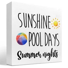 Summer Desk Decor,Sunshine Pool Days Summer Nights Wood Block Sign Desk Decor...