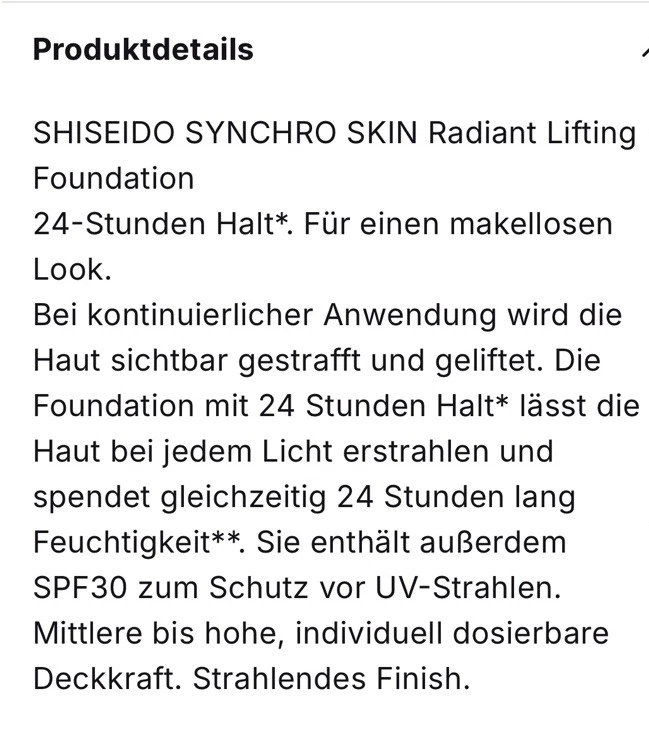 SHISEIDO SYNCHRO SKIN RADIANT LIFTING FOUNDATION 30ml **220 LINEN** - Bild 2 von 3