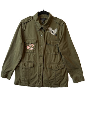 Forever 21 Military Embroidered Crane Bird Floral Utility Jacket M Boho Gorpcore
