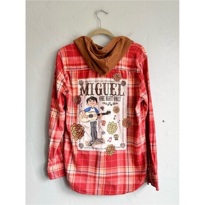Disney Pixar Coco Miguel Poster Hooded Flannel Plaid Button Up Shirt Small EUC