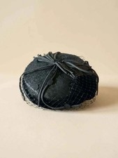 Vintage Black Veiled Cocktail Hat 1950s Black Velvet Fascinator with Birdcage