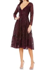Mac Duggal Wine Colored Sequin Floral Embroidered Tea Length Formal Dress