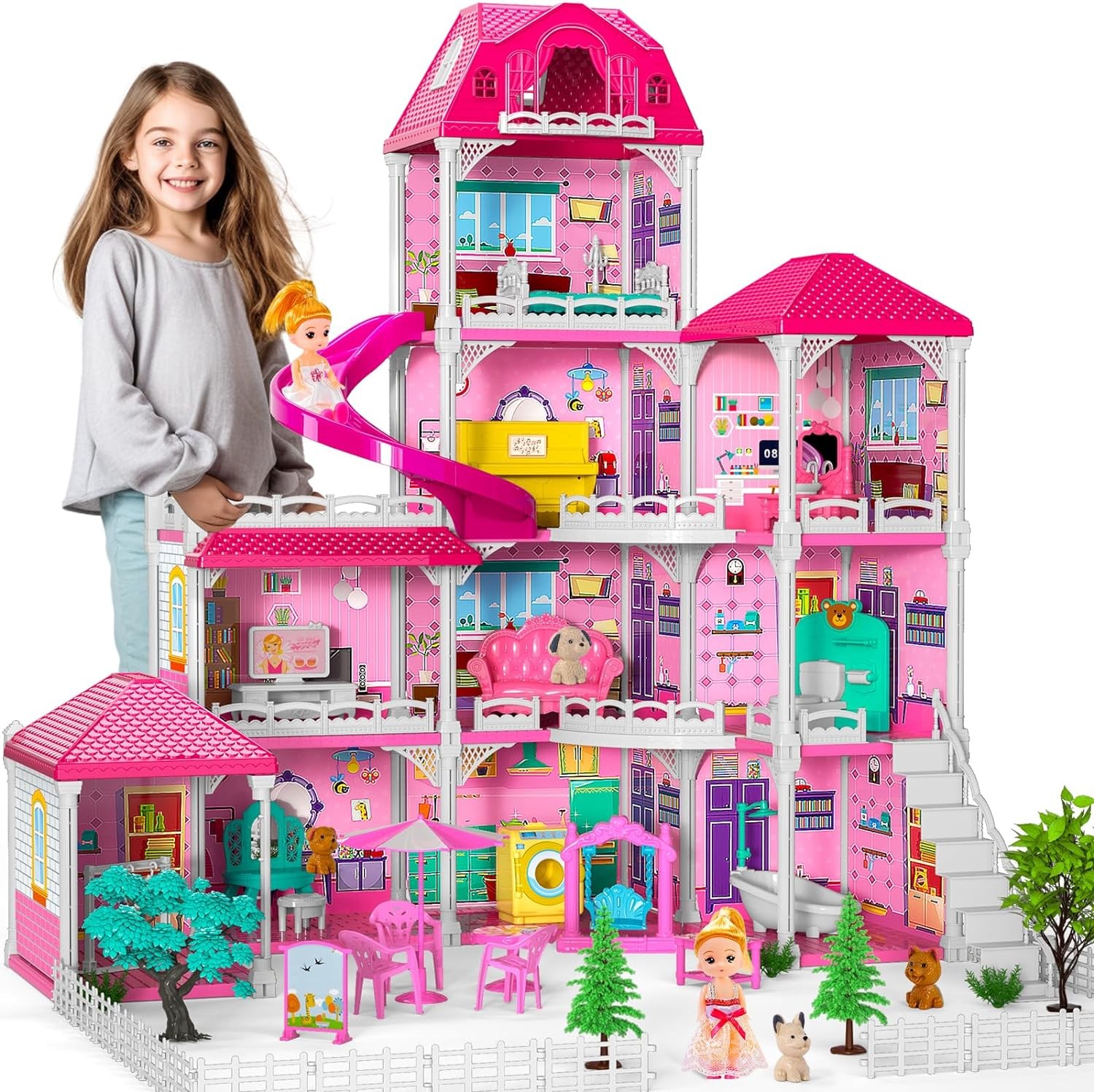 House For Girls Toys, 4 Stories 10 Rooms Dollshouse With 2 P