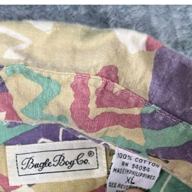 Camisa Bugle Boy Co Vintage Años 90 Geométrica Abstracta Botón Para Hombre XL Púrpura Verde azulado Foto 3 de 4