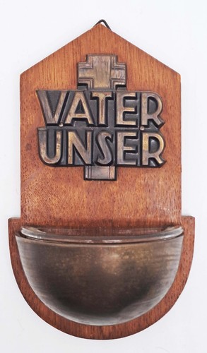 Weihwasserbecken Kreuz Vater Unser Holzbrett Messing Antik Retro