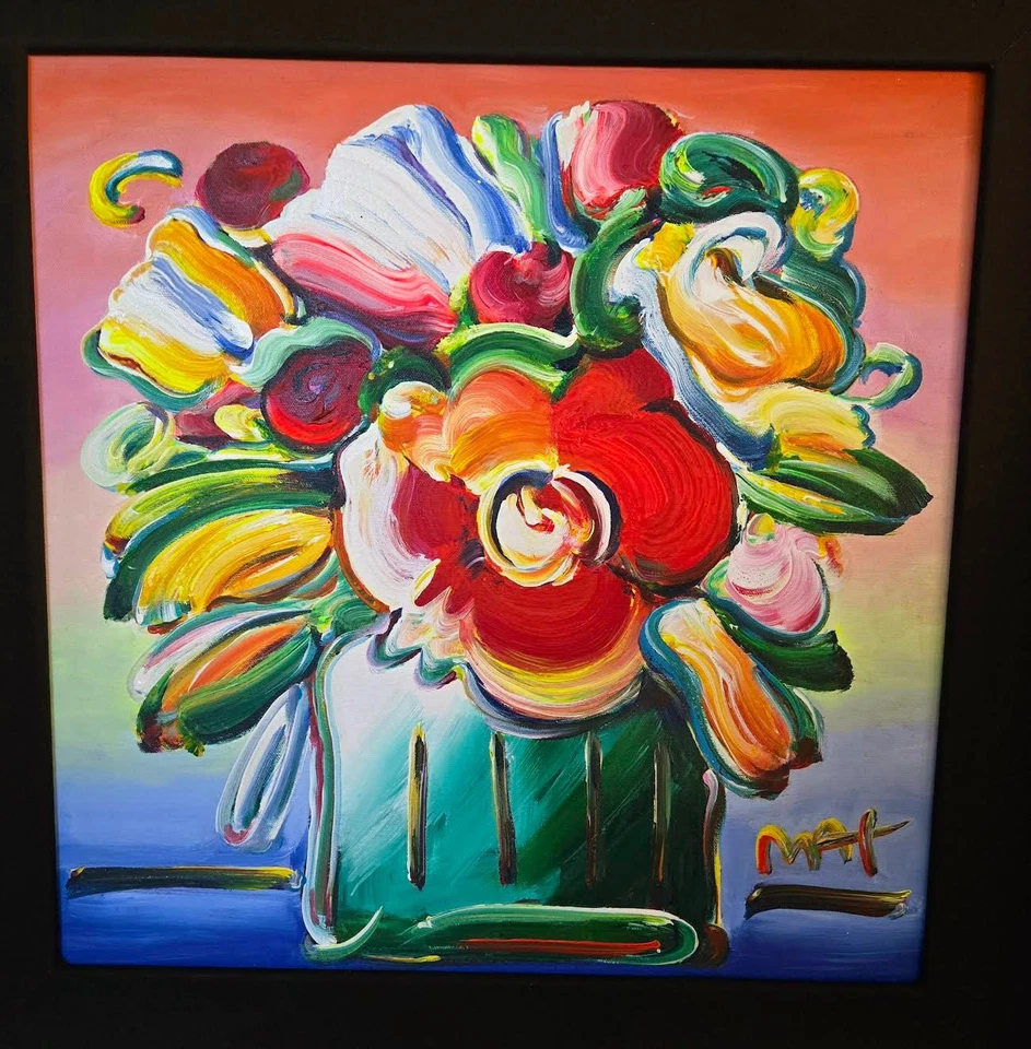 PETER MAX ORIGINAL ACRÍLICO SOBRE LIENZO "FLORES ABSTRACTAS" 18" X 18" ENMARCADO Foto 2 de 3