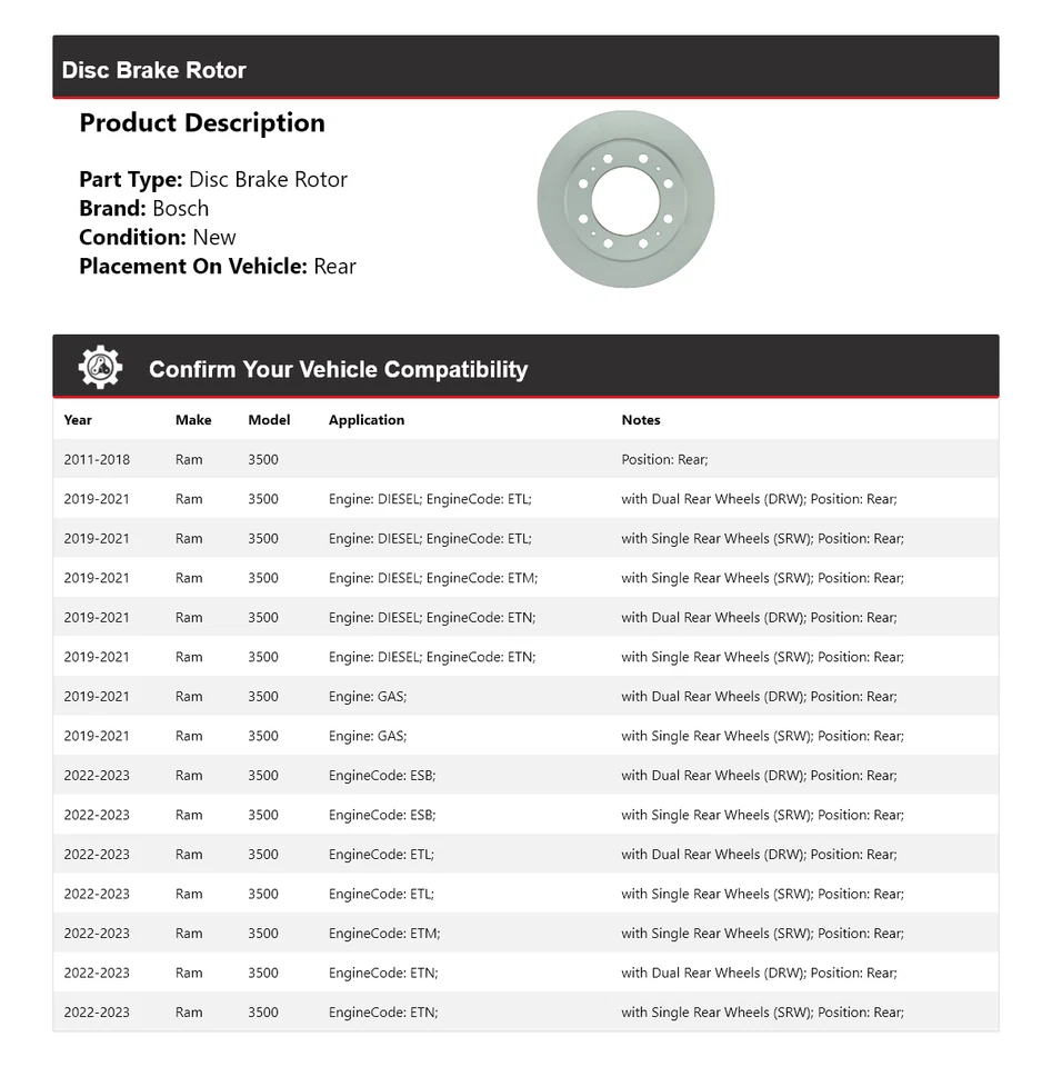 Rotor de freno de disco trasero para Ram 3500 Bosch QuietCast 2011-2023 2012 2013 2014 2015 Foto 2 de 4
