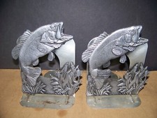 Metzke Pewter Book Ends #445 Fishing Large Mouth Bass Pair 1980's USA Made Nice!