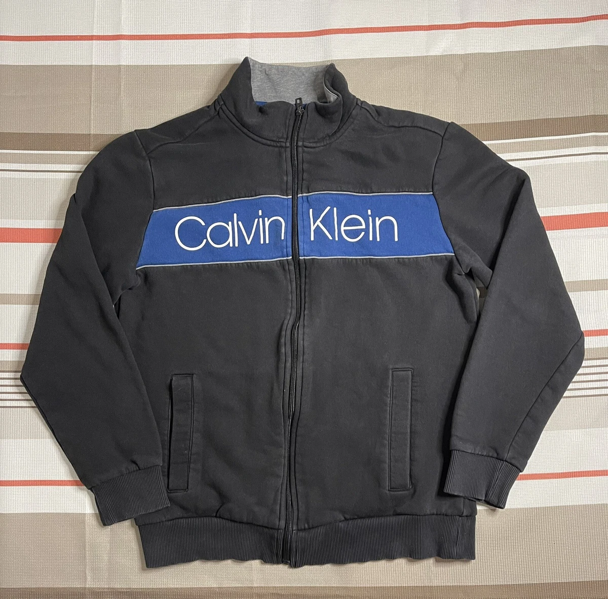 Calvin Klein Jacket Mens M Black Blue Full Zip Soft Touch Brand Logo