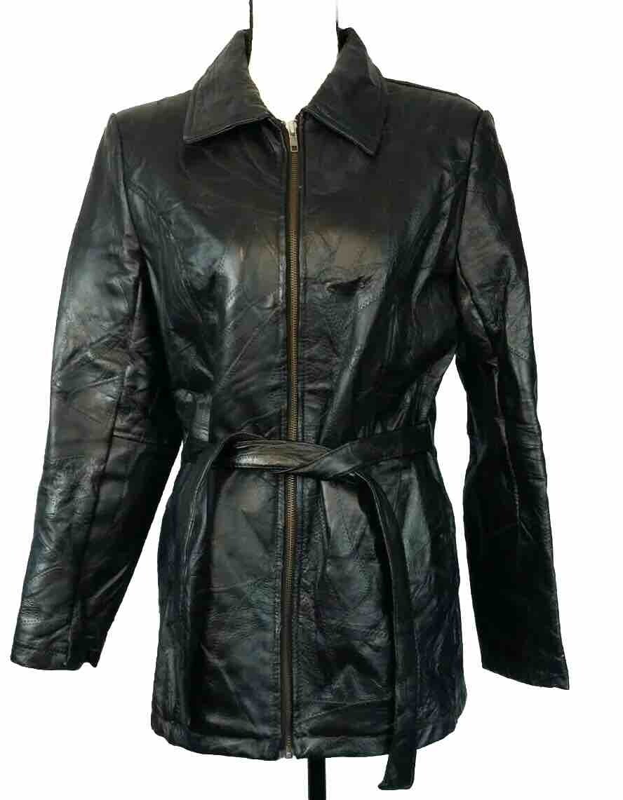LEATHER SOUL Black Genuine Leather Patchwork Belted Jacket/Coat Women's L
