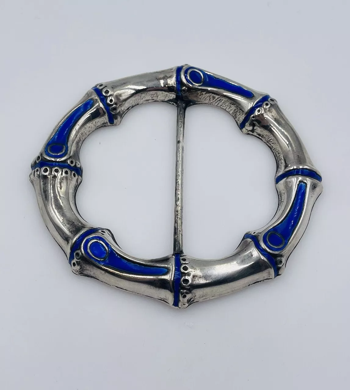 Boucle de ceinture Gucci Italie vintage argent massif bleu émail motif bambou