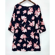 Old Navy Dress Womens Shift 3/4 Sleeve Floral Lined Back Zip Navy Blue White L