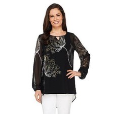 Susan Graver Size 8 Placement Print Sheer Chiffon Black/Ivory Tunic with Keyhole