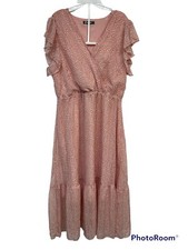 Women’s Pink and White Dotted Print Maxi Dress Flutter Sleeve Size L  NWOT (C4)