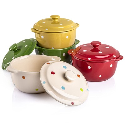 4 Pack Porcelain Ramekins 9 Oz Mini Casserole Bowl With Lid And Handle Ceramic S