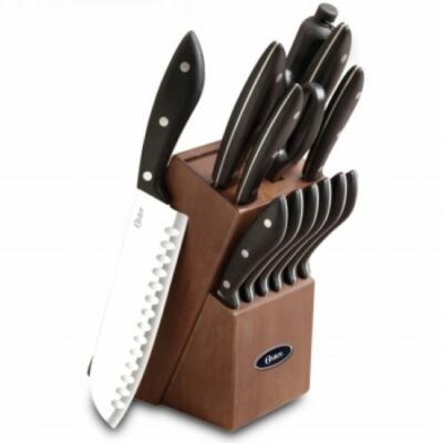Oster Huxford 14 Piece Stainless Steel Cutlery Set Black Handles Wooden Block