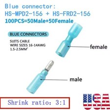 100pcs Heat Shrink Bullet Wire Connectors 16-14 AWG Female Male Crimp Terminals