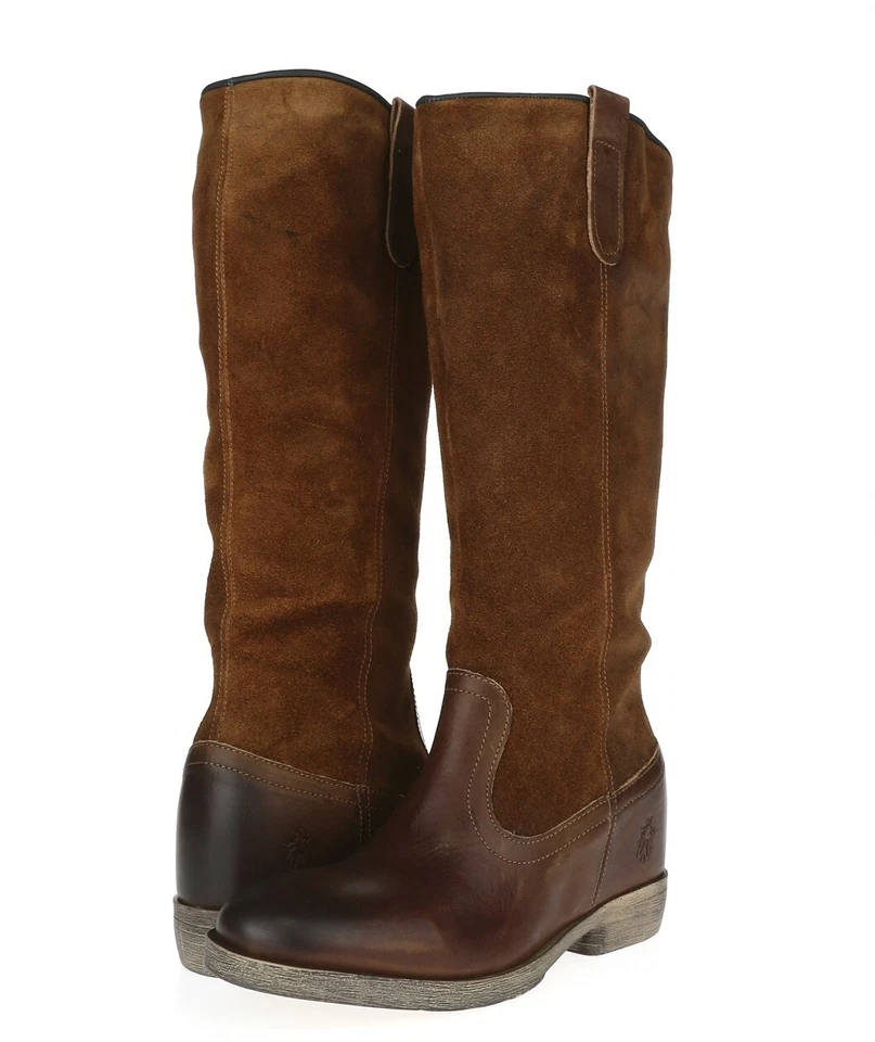 Mujer FLY LONDON CATH 228807 Marrón Tostado Cuero Gamuza Botas Altas Talla 38 M Foto 2 de 4