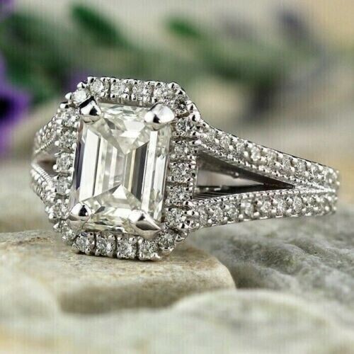 2Ct Emerald Cut Lab Created Diamond Women Engagement Ring 14k White Gold Plated - Picture 1 of 4