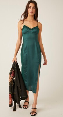 NWT Free People Intimately City Cool Midi Slip Dress Silky Satin Evergreen  XS | eBay