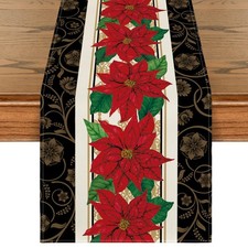 Artoid Mode Black Watercolor Poinsettia Christmas Table Runner, Seasonal Winter