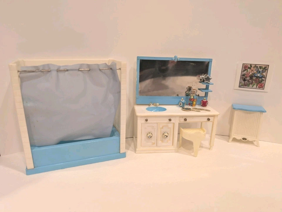 JUEGO DE BAÑO 3 piezas Renwal Little Hostess muebles vintage para casa de muñecas plástico 1:16 Foto 3 de 4