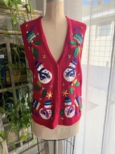 Bobbie Brooks Ugly Christmas Sweater Vest Snowmen Women’s Large Vtg 90s Red
